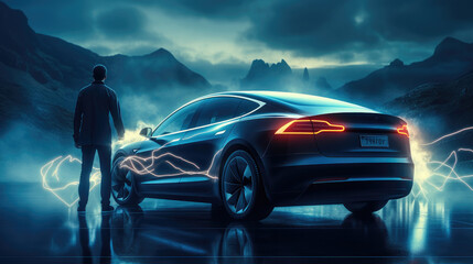 Wall Mural - Man stands in front of a modern car, Between the car and a person's hands there are electrical discharges.