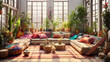 A Bohemian living room with floor cushions, hanging plants, colorful tapestries, and a low wooden coffee table