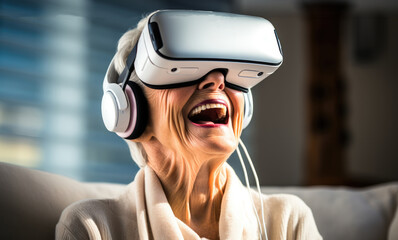 Poster - Elderly lady immersed in a virtual reality experience, amazed by the technology, Wearing VR goggles.