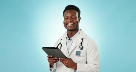 Poster - Black man, doctor and smile in portrait with tablet for online hospital schedule and health on blue background. Healthcare, wellness and tech with digital medical system with professional in studio