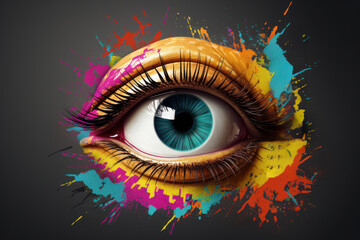Poster - A close up of an eye with vibrant paint splatters. Perfect for adding a creative touch to artistic projects.