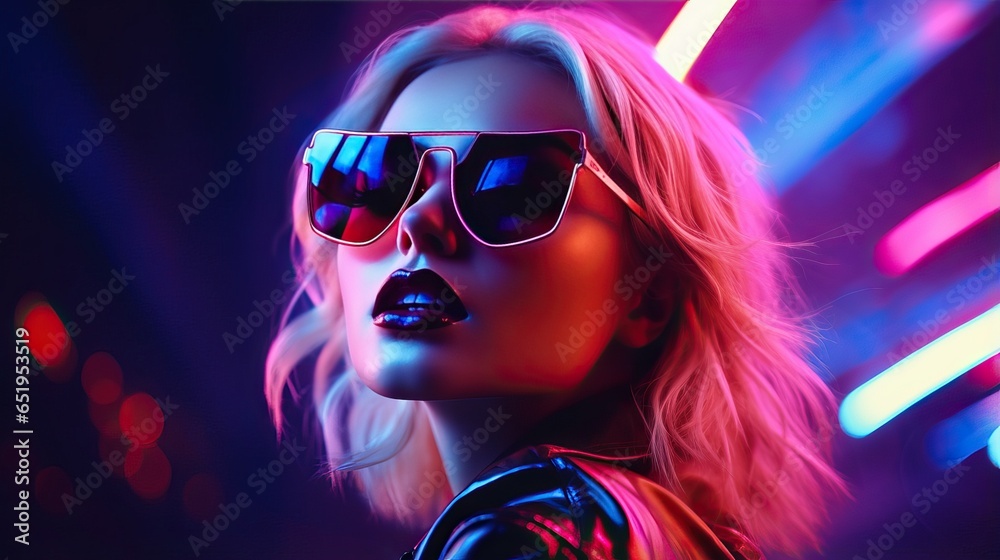 Futuristic portrait of woman in neon light on dark background. Stock ...