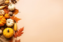 Autumn Holiday Composition With Pumpkins, Nuts And Dry Leaves On Paper Beige Color Background. Fall Harvest, Halloween, Thanksgiving Day, Copy Space For Text
