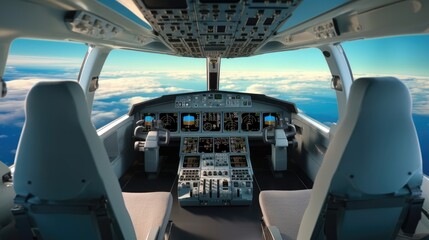 Poster - Cockpit of a large commercial airplane a cockpit trainer, Commercial aircraft cruising control panel in a plane cockpit.