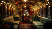 Christmas Concept View From Inside An Old Train Carrage With Christmas Tree And Decorations.