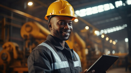 African American Industrial Specialist doing inspection and working at metal construction manufacture.