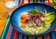 Peruvian-style ceviche plate in outdoor dining and Pisco Sour cocktail