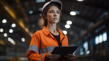 Aufkleber - Engineer female doing inspection and working in a metal manufacture warehouse.