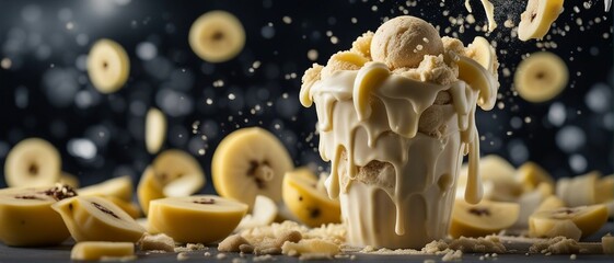 Wall Mural - Banana Ice Cream Freez Falls into Midair with Its Ingredients