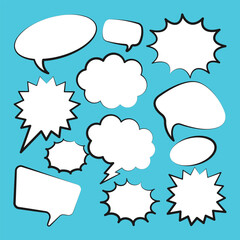 Wall Mural - Comic speech bubbles. Outline, hand drawn retro cartoon stickers on blue background. Chatting and communication, dialog elements. Pop art style. Vector illustration
