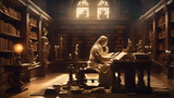 Fototapeta  - Philosopher reading books in an ancient library