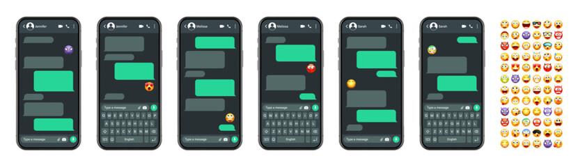 Wall Mural - Smartphone messaging app, user interface with emoji. SMS text frame. Chat screen, green message bubbles. Texting app for communication. Social media application. Dark mode. Vector illustration