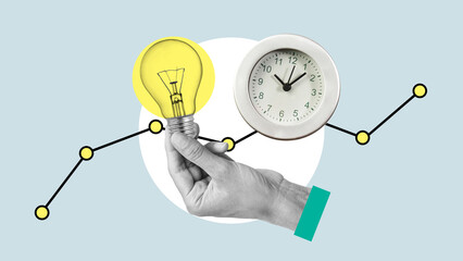 Poster - Collage picture of hand black white color holds the lamp and clock. Future trends. The pointing of arrow graph corporate future growth plan. Business development to success