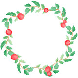 Fototapeta  - Watercolor Christmas red holly berry circle wreath