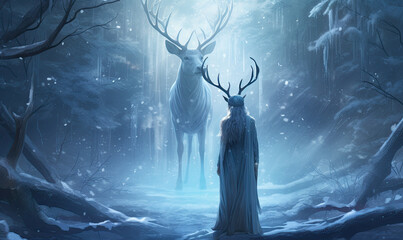 deer and person with antlers, fantasy pagan winter solstice.