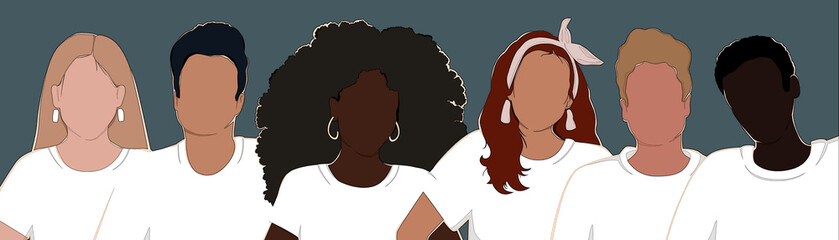 Wall Mural - A group of diverse people with different skin colors stand together in white t-shirts. All people are equal. Modern flat vector illustration.