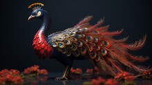 Black Red Peacock 3d Scan Detailed Houdini Render Real.Generative AI