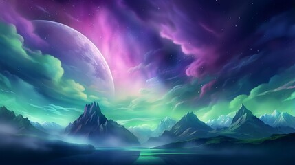 Wall Mural - Vibrant nebula fantasy dynamic landscape scenery with mountains and a moon pc desktop wallpaper background, ai generated	
