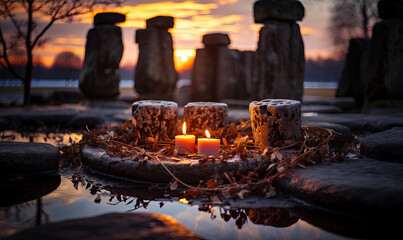 Sticker - burning candles in the temple, winter solstice. 