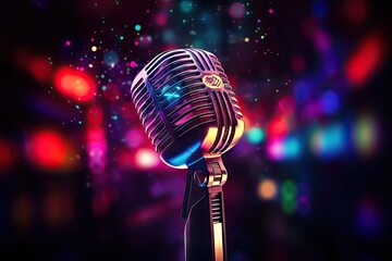 Vintage microphone on stage. Setting mood for classic performance. Live concert vibes. Closeup of professional microphones in action. Art of sound. Retro ready for nightclub show