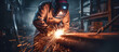 © theevening - A man wearing safety gear show a skilled working on a metal fabrication project, Welder with sparks flying, Welding industry concept.