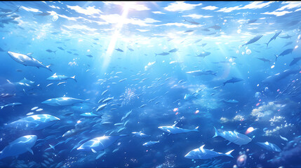 a painting of an underwater scene with fishes, whale, seahorse or ocean art anime wallpaper, animate art