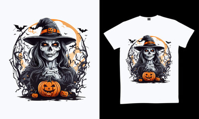 Halloween T-shirt design costume template. Happy Halloween scary trendy vector t-shirt design. Halloween vector clothing apparel t-shirt design for man, woman and children
