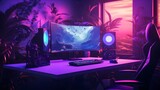 Fototapeta Przestrzenne - A gaming computer for e-sports in the near future. Room with purple neon lights. Generation AI.