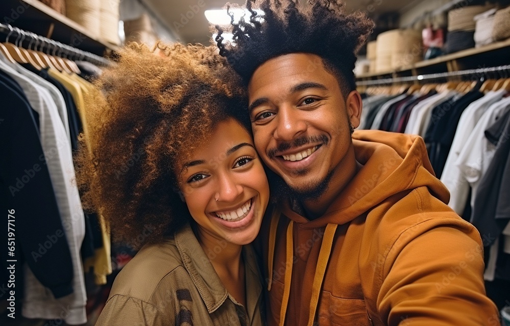 Happy African American lovers cuddling and grinning for the camera on ...