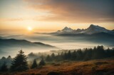 Fototapeta Na ścianę - A Foggy Sunrise Landscape of Mountains and Trees