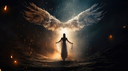 Wall Mural - Angel, the messenger of God. Woman spreading her arms under wings with a night sky background