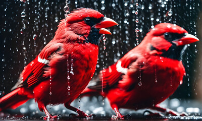 The red water bird in a rain