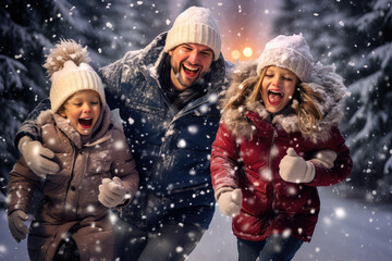 Happy family playing in fresh snow and building snowman at beautiful sunny winter day outdoor in nature.