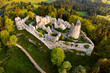 Aerial view of the Hohenfreyberg castle ruins (Bavaria, Germany) at summer sunrise