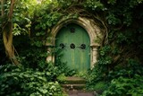 Fototapeta Na drzwi - Lush Door green garden. Nature stone old. Generate Ai