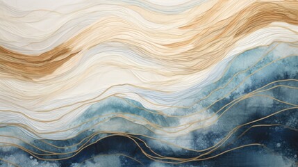 Blue golden abstract waves background. Minimal art texture. Elegant, chic backdrop. Horizontal wallpaper for art decoration, wall arts, canvas prints, cover, card, invitation, business style design.