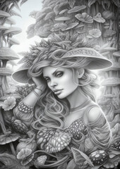 Canvas Print - coloring illustration of forest fairies, grayscale, fantasy, delicacy
