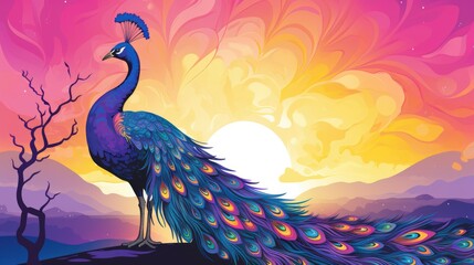 Happy Diwali Poster with Peacock Illustration. Indian festival of lights Design. Suitable for Greeting Card, Banner, Flyer, Template, Wallpaper, Background, Book Illustration, Web Landing Page.