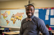 Black african male geography teacher wearing beard and tie, smile in school classroom and copy space on blurred background of world map
