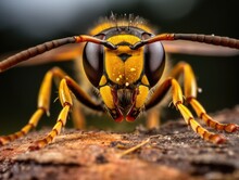 Close-up Of A Wasp's Head With Antennae Antennae, Large Eyes And Legs Looking Into The Camera. Nature Background. Illustration For Cover, Card, Postcard, Interior Design, Decor Or Print.