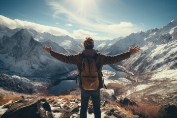 Wall Mural - freedom concept A man on top of a mountain celebrating with his arms raised high with stuning mountain view background