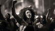 Black woman raising her fist at a protest, concept of the Black Lives Matter movement and highlighting racial inequality