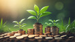 Green plant growing on coins on nature background. Savings, investment, interest and economic growth concept. Copy space