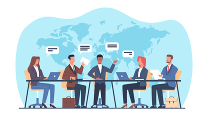 In board meeting with head of company, executives discuss companys global strategy. Male and female characters team vote. Teamwork brainstorm cartoon flat style isolated Vector concept