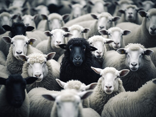 An intriguing image featuring a black sheep within a flock of white sheep, set against a clean and uncluttered background, symbolizing uniqueness and individuality.