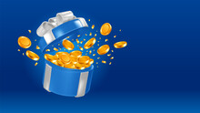 Open blue gift box with silver bow and gold coins explosion. Big win concept. Vector illustration