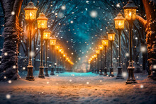 Background Of A Snowy Road With Streetlights On The Edge In Christmas. Cold And Winter Background Illuminated At Night