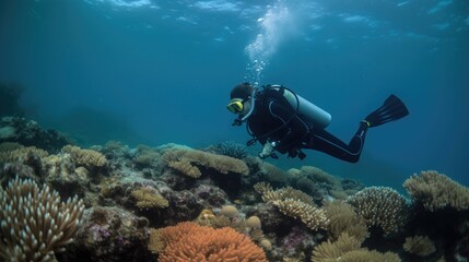 Wall Mural -  Marine Biologist Diving to Study Coral Reefs