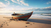 A Wooden Fishing Boat Resting On The Shore
