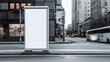 Vertical blank white billboard at bus stop on city street.